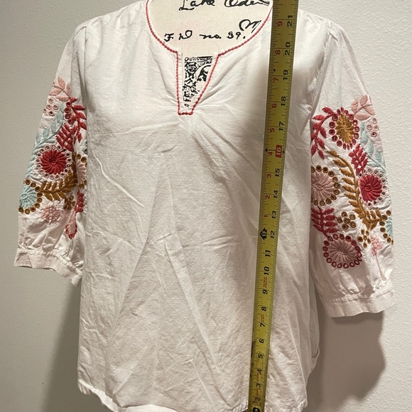 Madewell Blouse White Colorful Embroidered Popover Sleeve Hippie 70’s Vibes Sz M - Picture 8 of 15